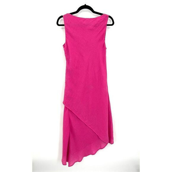 120% LINO Barbie Pink 100% Linen Sleeveless Asymmetrical Midi Dress Size Medium - Picture 2 of 6